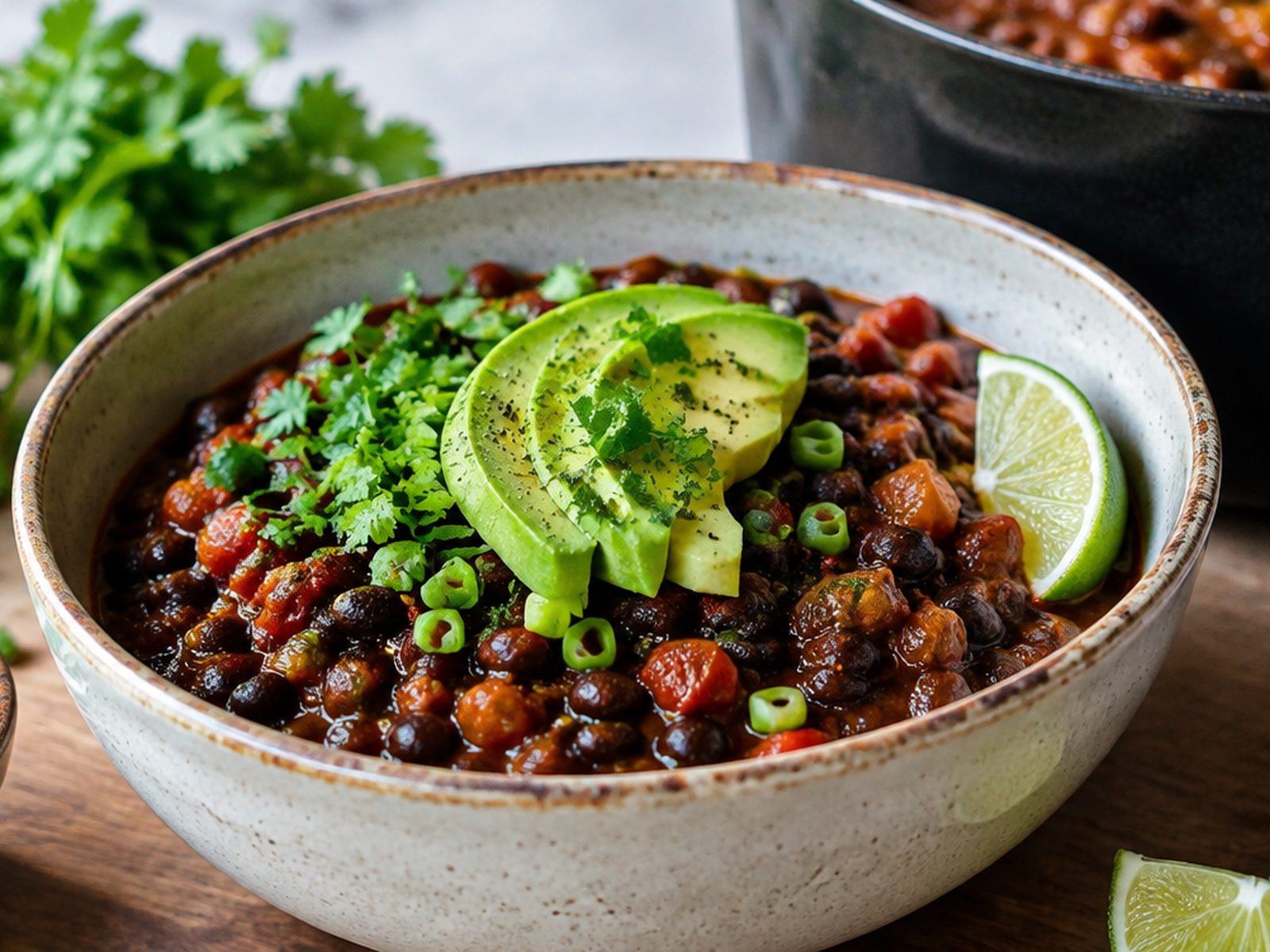 A bowl of black bean chili topped with avocado slices, cilantro and lime