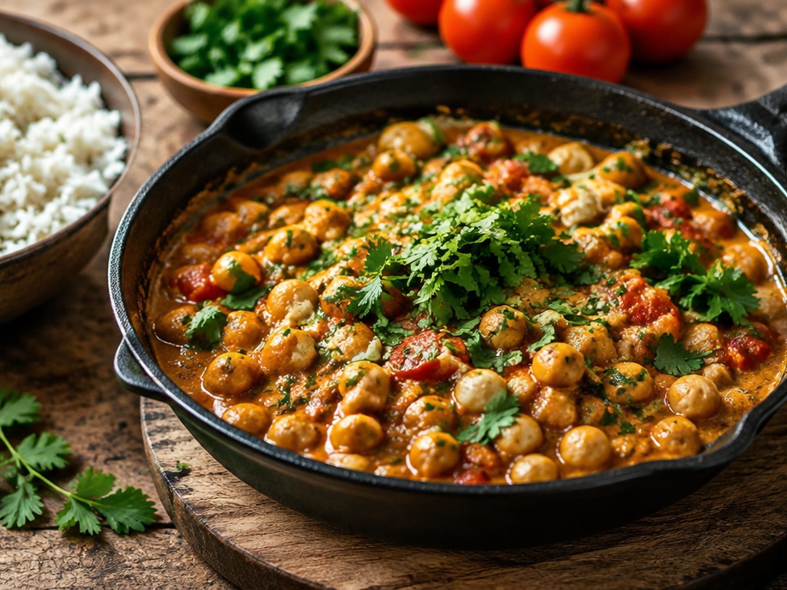 A cast iron pan of chickpea curry with cilantro, next to a bowl of basmati rice