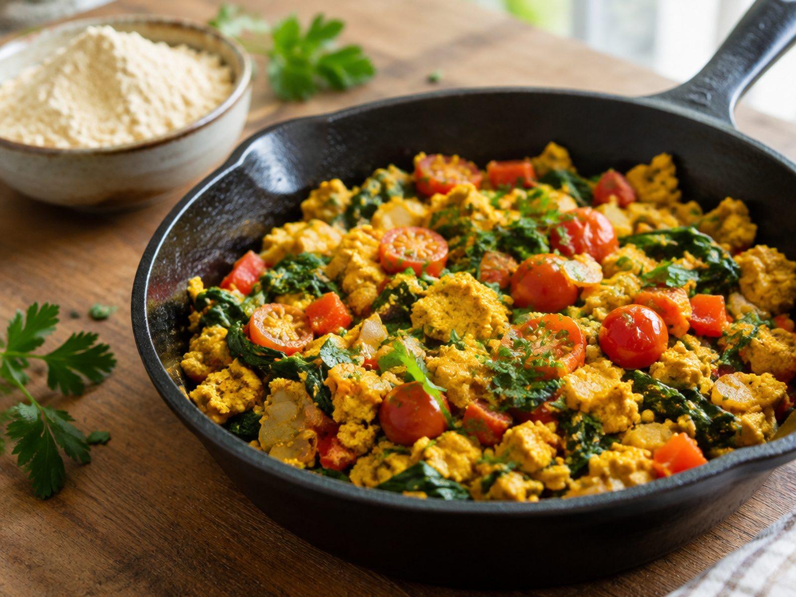 A skillet of chickpea flour scramble with peppers and spinach