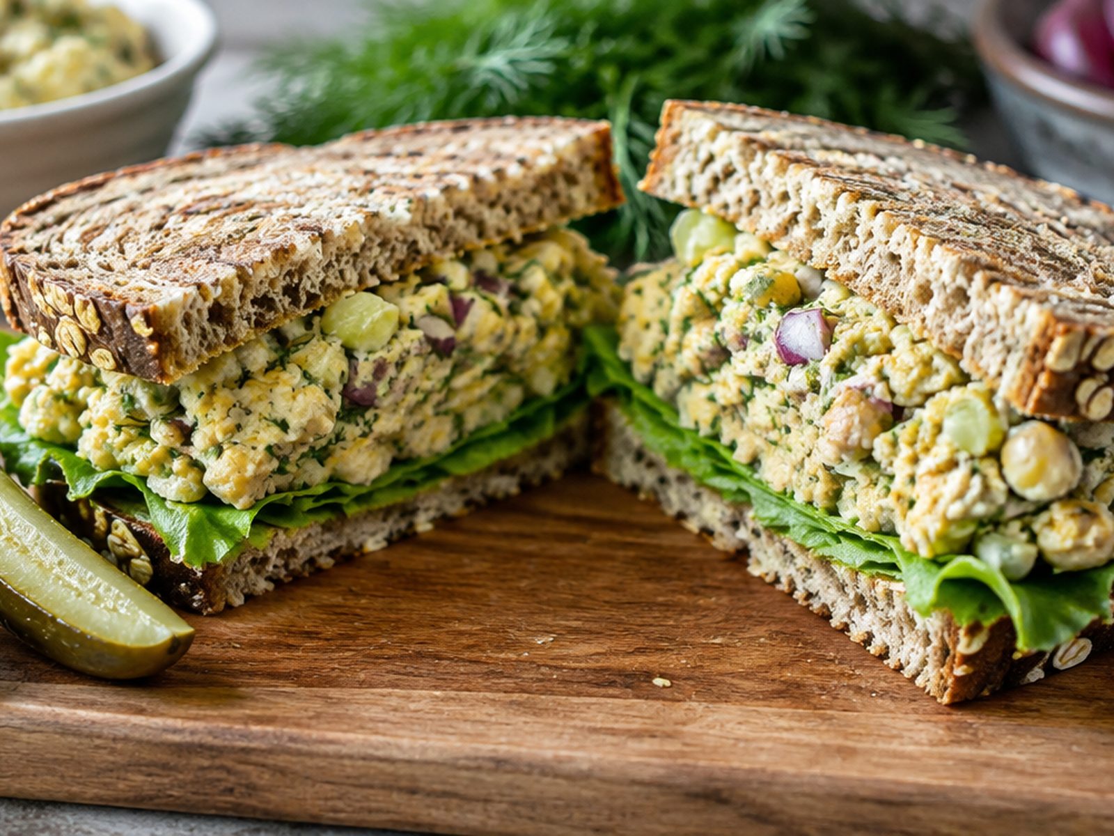 A chickpea salad sandwich on whole grain bread, cut in half, with pickles on a cutting board