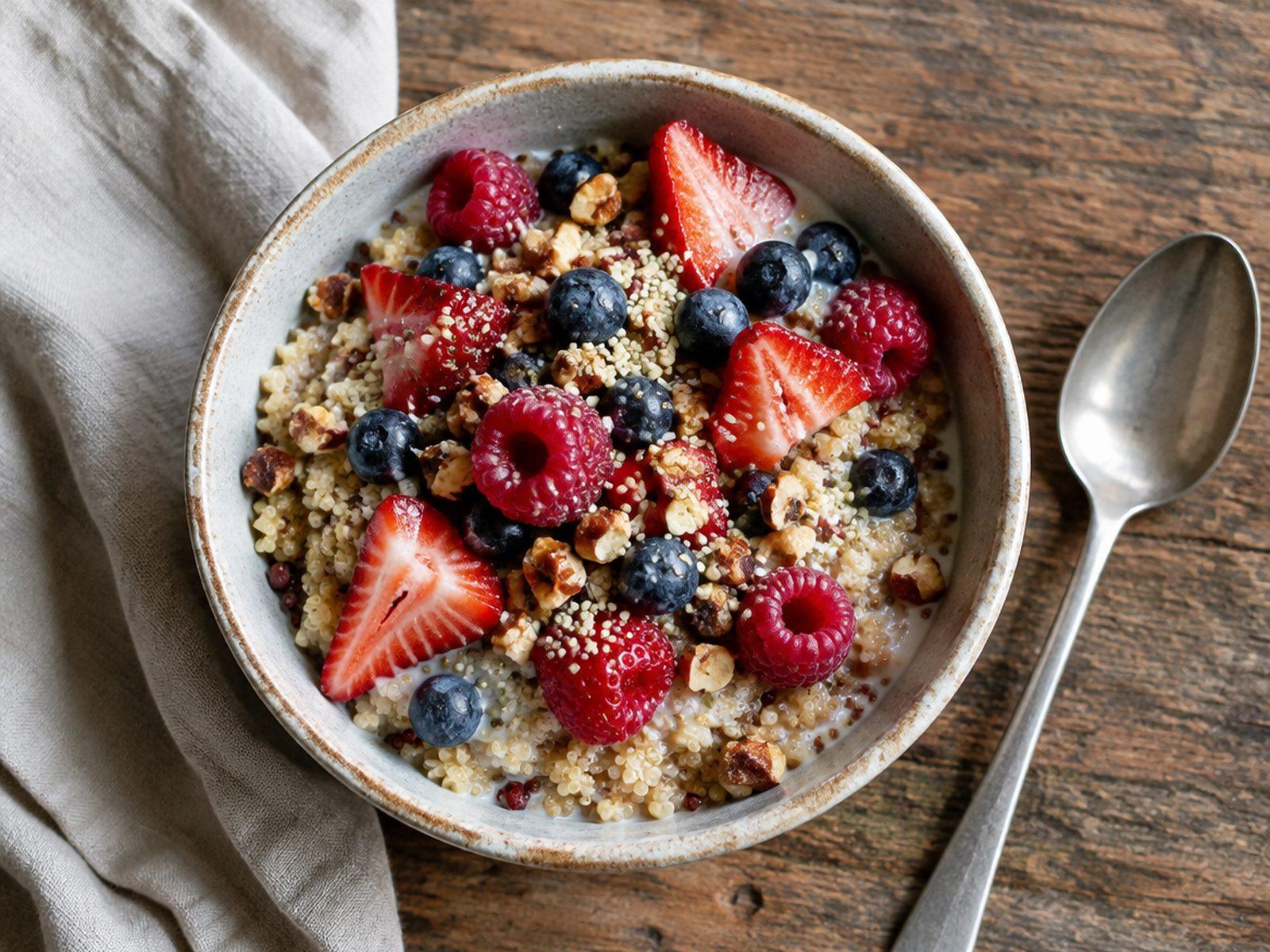 A bowl of quinoa topped with berries and walnuts