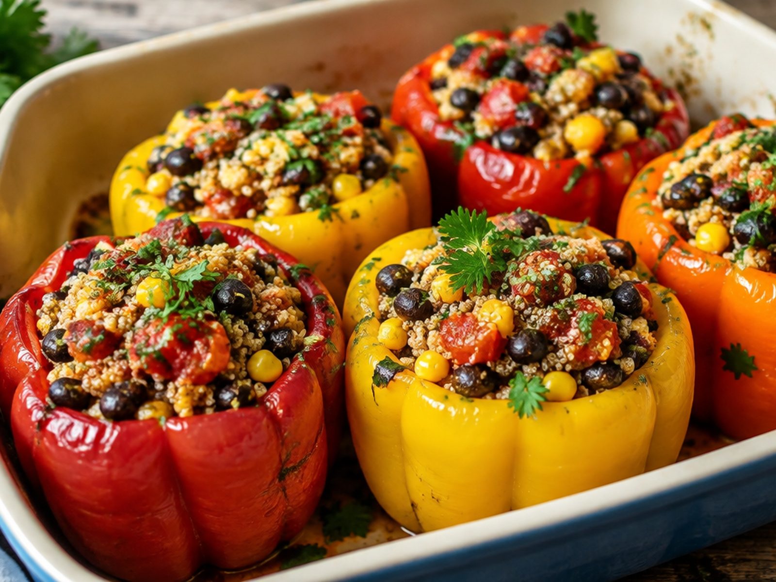 A baking dish of red, yellow and orange bell peppers stuffed with quinoa and black beans