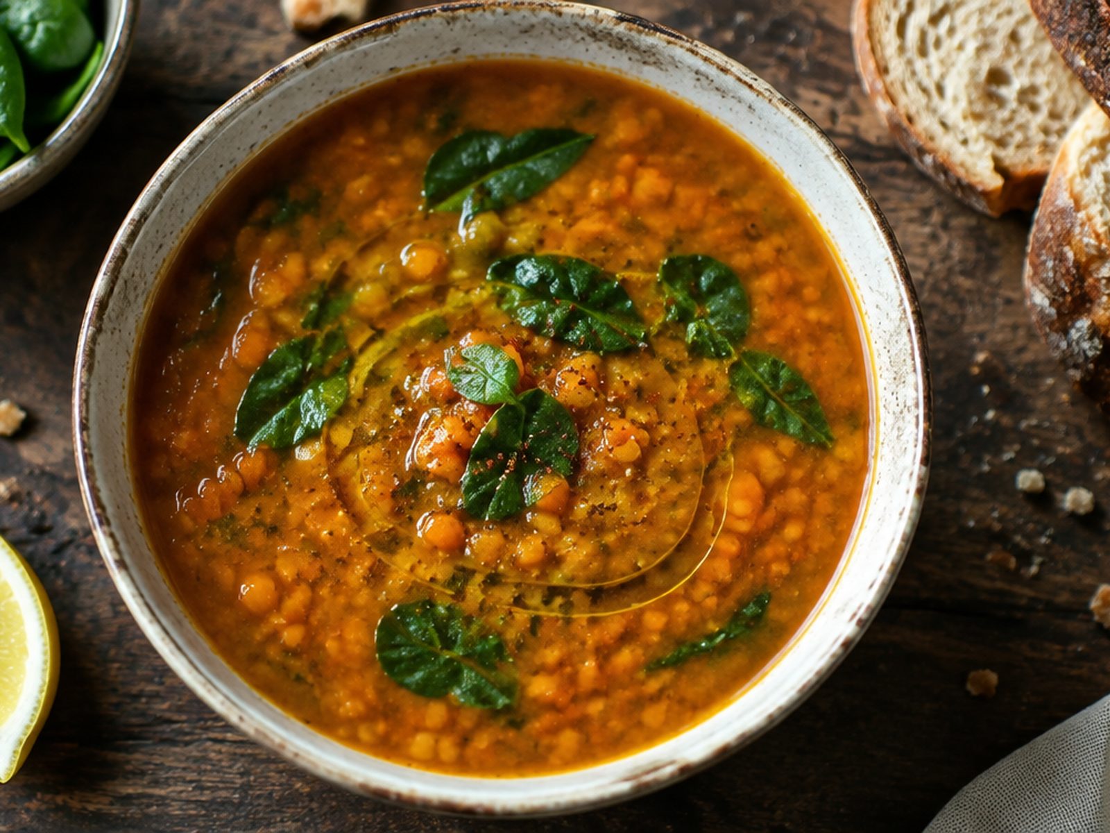 A bowl of red lentil soup with spinach, a lemon wedge and crusty bread